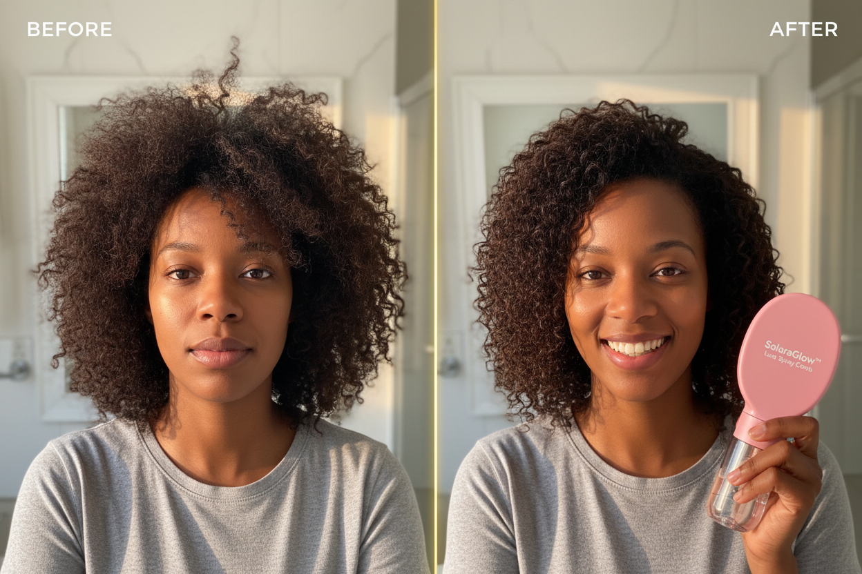 Before and after using SolaraGlow™ Luxe Spray Comb - hydrated detangled hair
